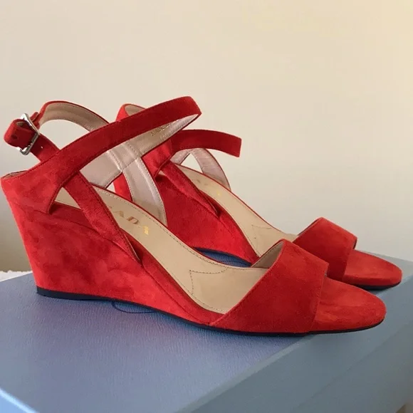PRADA NEW ❤️Red suede wedge heel sandals size 37.5 - Picture 6 of 7